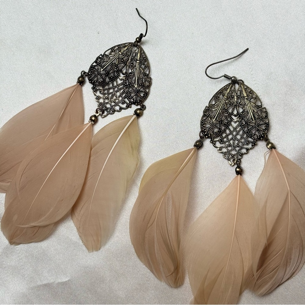 Beige Feather Statement Earrings- Boho/Festival/C… - image 4